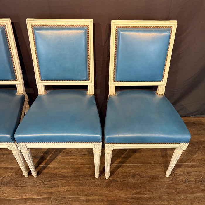 Set of Eight French Louis XVI Painted Dining Chairs in Blue Leather Circa 1920
