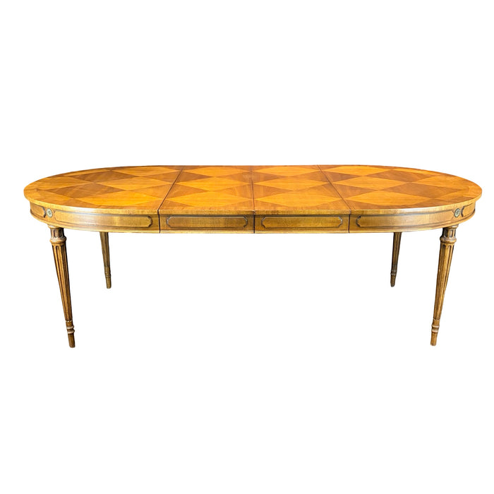 Midcentury French Louis XVI Style Walnut Parquetry Oval Extension Dining Table with Two Leaves
