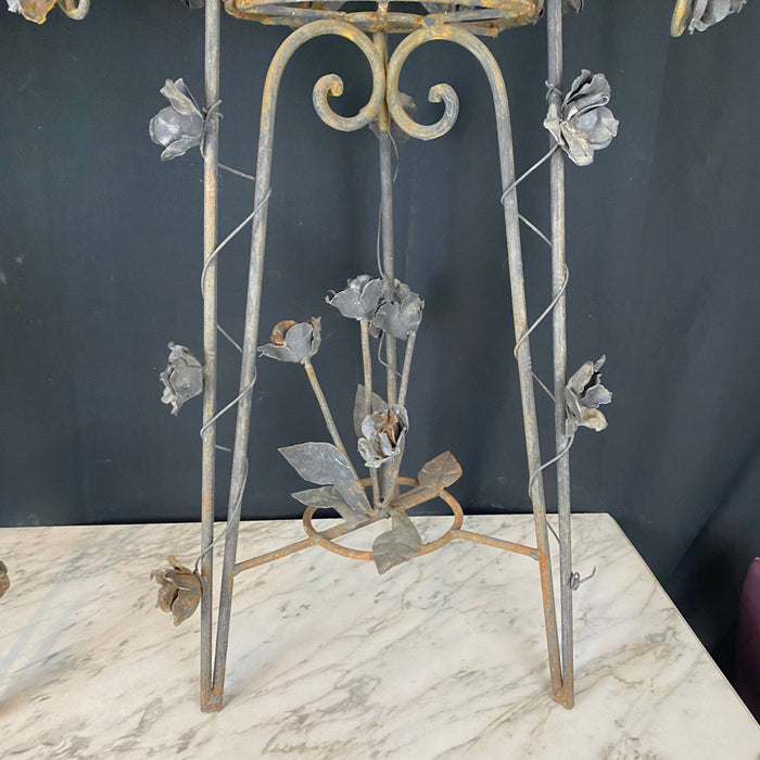 Pair of French Wrought Iron Jardiniere Plant Stands with Floral Accents