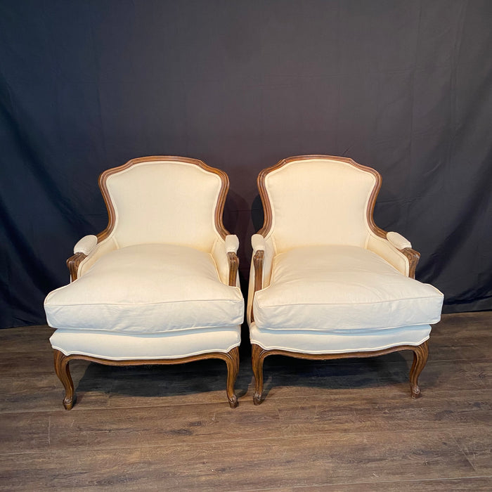 Pair of French Walnut Louis XV Armchairs or Bergere Chairs 19th Century