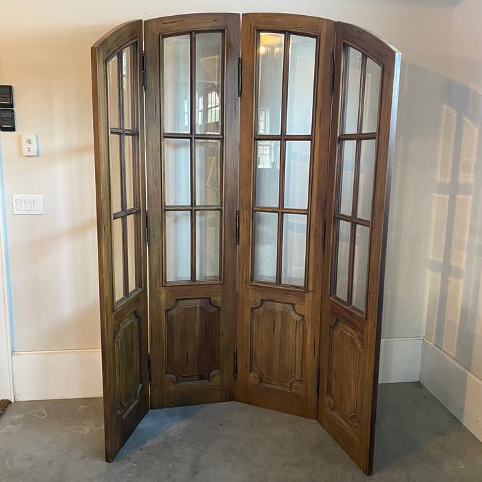 Antique French Four-Panel Folding Screen Room Divider with Beveled Glass Panels