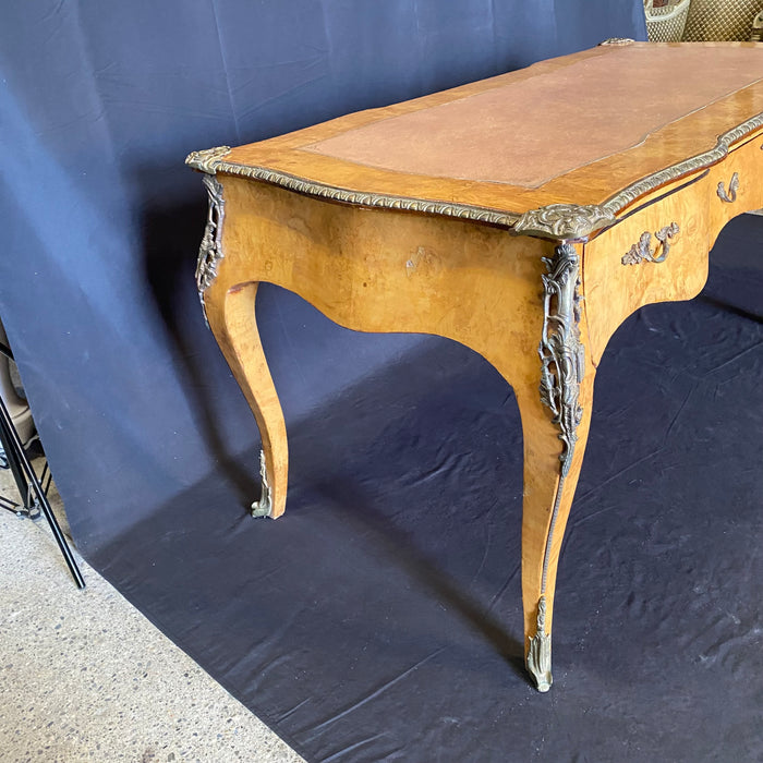 Elegant French Louis XV Style Burled Walnut Writing Desk or Bureau Plat