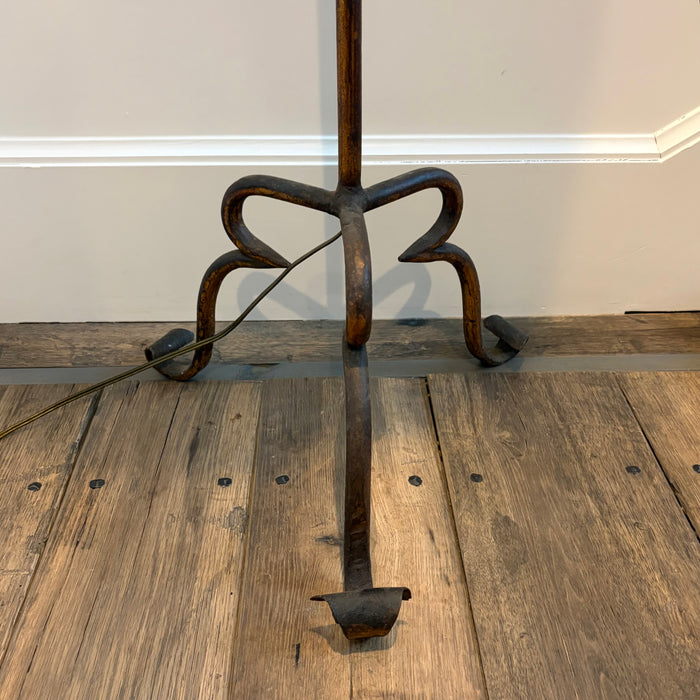 Antique French Baroque Revival Gilt Metal Floor Lamp with Wrought Iron Scroll Base and Decorative Foliate Detail