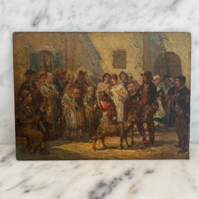19th Century French Double Sided Impressionist Oil Painting on Board: Figures in a Crowd and Goat