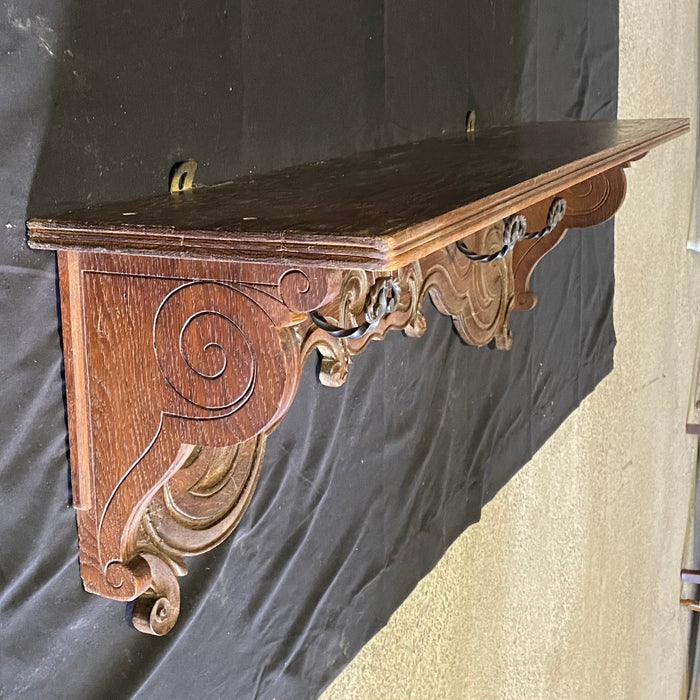 Antique Hand Carved 19th Century Walnut Hat and Coat Rack with Wall Shelf or Bookshelf Above and Hooks