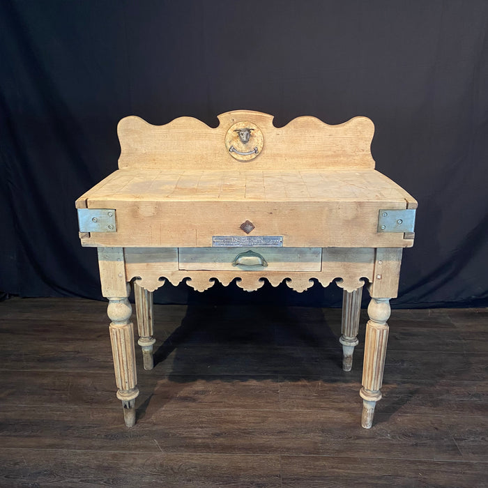 Antique French Butcher’s Block Table With Bull’s Head Mount and Rare Paris Maker's Label Jules Mareschal