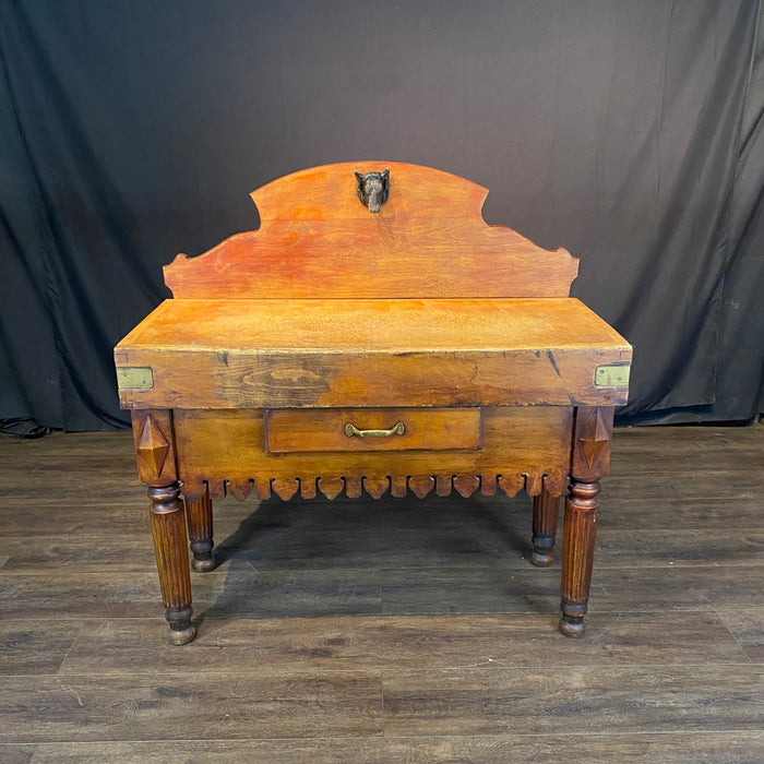 French Butcher’s Block Table With Bull’s Head Mount - Kitchen Island or Accent Table or Console