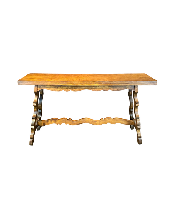 French Console Table or Dining Table with Carved Trestle Base and Folding Solid Oak Top
