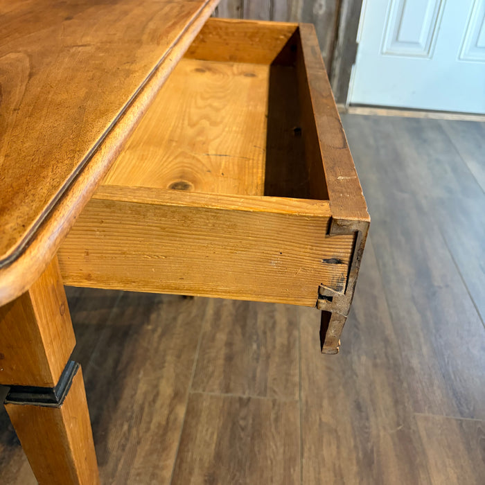 Antique French Neoclassical Fruitwood Side Table or Desk with Drawer and Brass Ring Pull