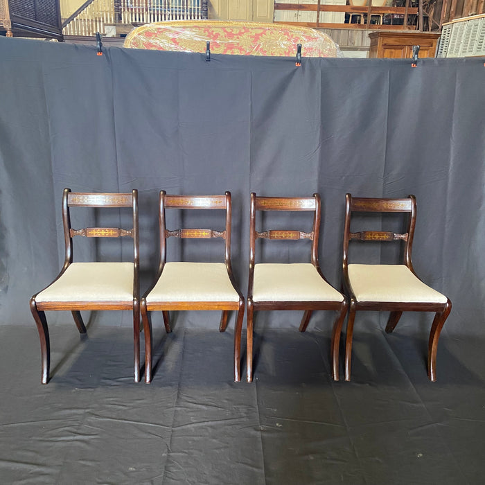 Set of Six English Regency Brass Inlaid Back Dining Chairs with Two Armchairs and Six Side Chairs