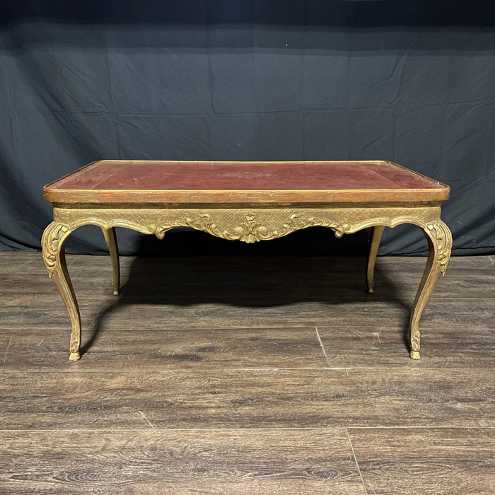 French Louis XV Coffee Table Gold Gilt Paint Carved with Leather Embossed Top