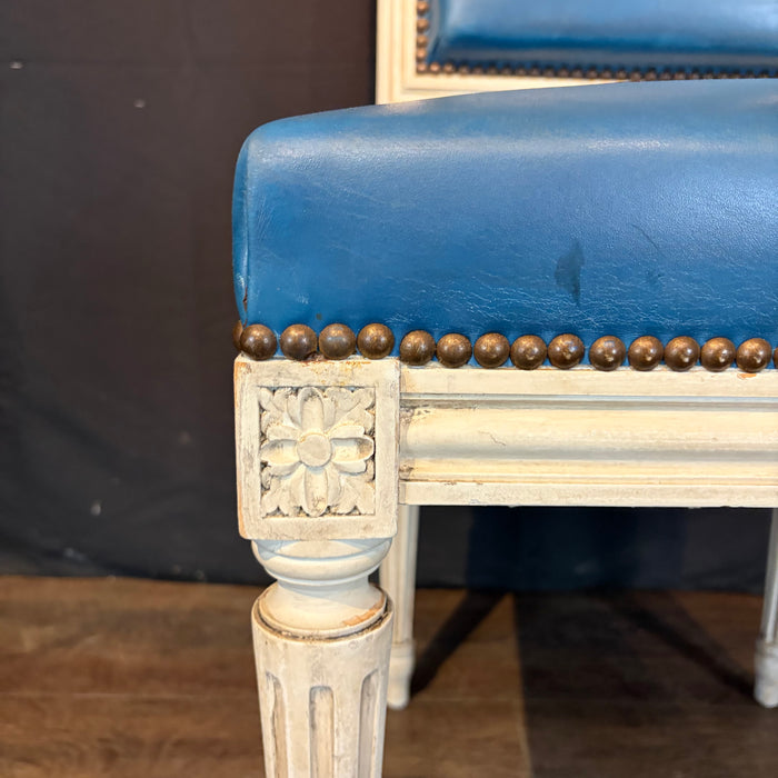 Set of Eight French Louis XVI Painted Dining Chairs in Blue Leather Circa 1920