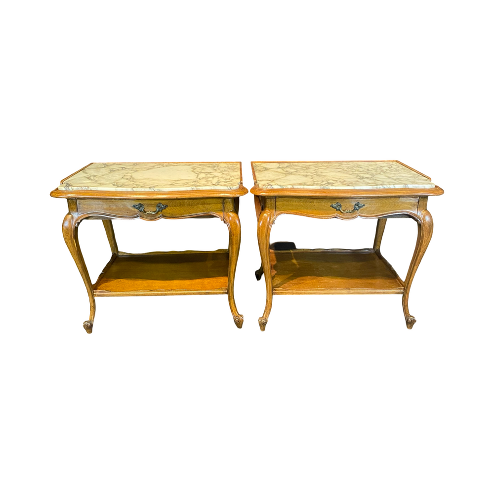 Pair French Louis XV Style End Tables or Side Tables with Exquisite Marble Tops