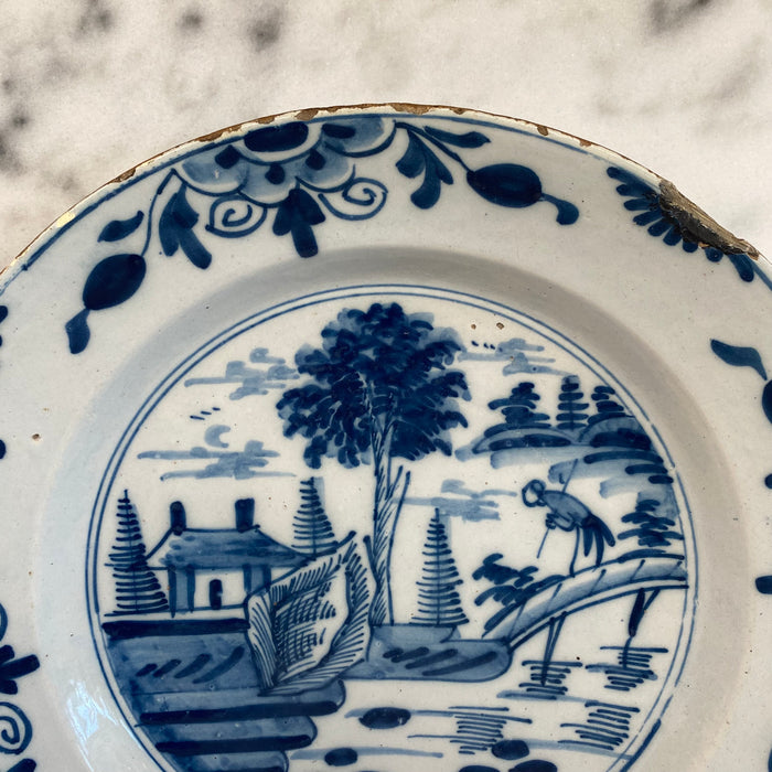 Early Antique Dutch Delft Blue and White Landscape Plate or Platter