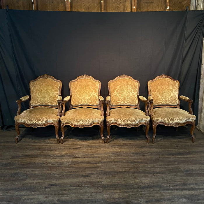 Set of Four French Louis XV Carved Armchairs with Cut Velvet Mohair Upholstery