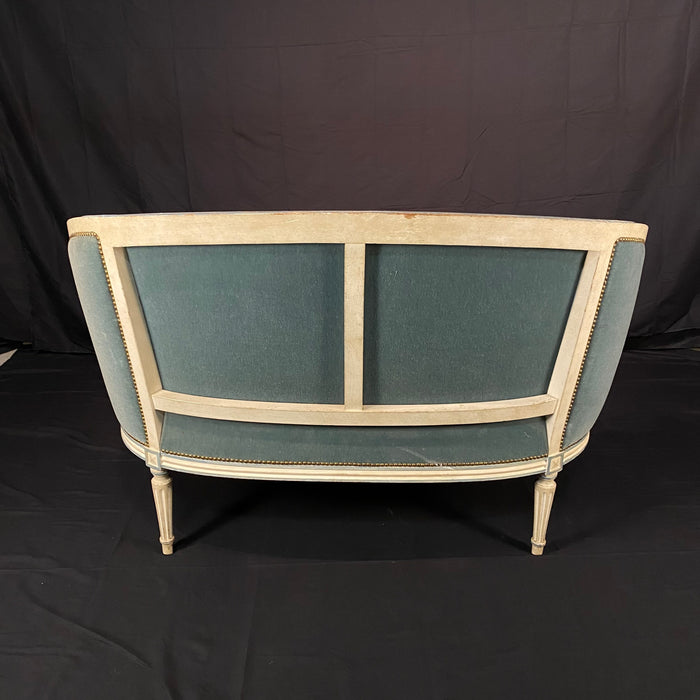 Antique French Louis XVI Sofa, Loveseat or Settee in Original White Paint and Blue Mohair Upholstery
