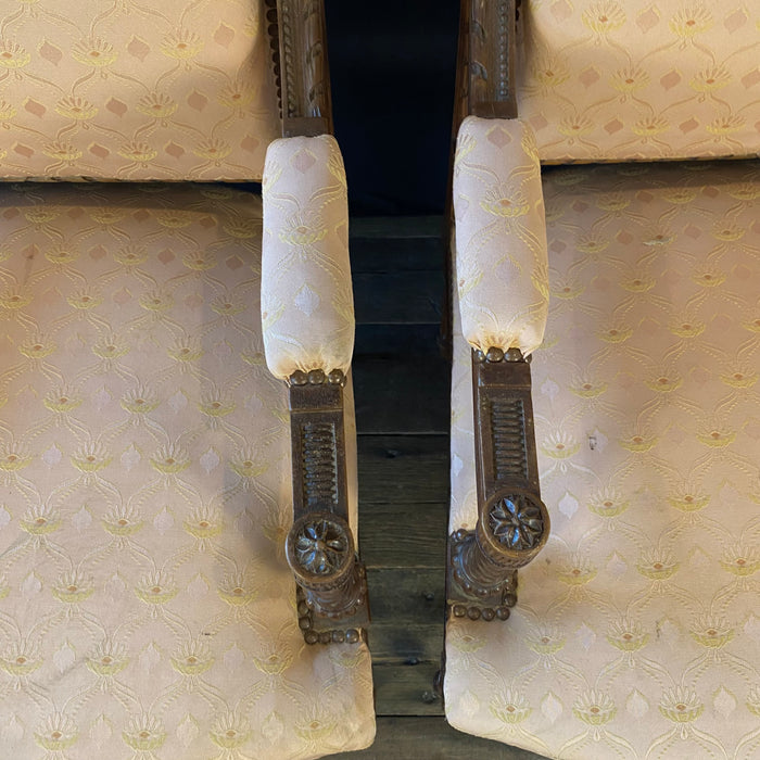 Pair of French Louis XVI Hand Carved Walnut Armchairs or Fauteuils Late 19th/Early 20th Century