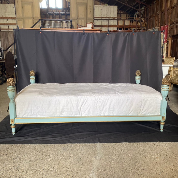 French Louis XVI Painted Daybed or Twin Size Single Bed with Foliage Carving in Original Eggshell Blue and Gold Paint