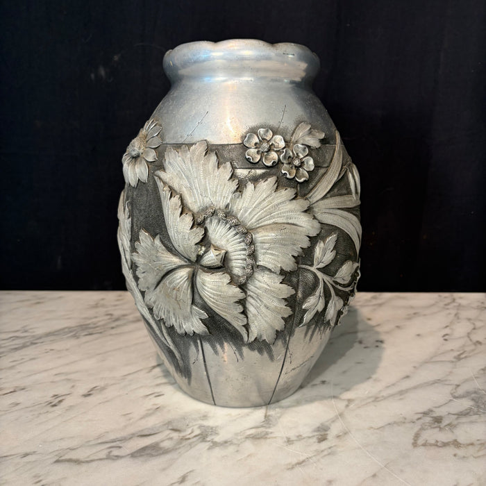 French Art Deco Pewter Floral Vase Signed by Lucien Houzeaux