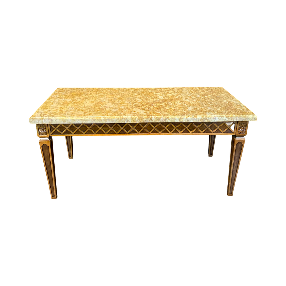 French Louis XVI Style Coffee Table with Marble Top and Geometric Lattice Motif Carving