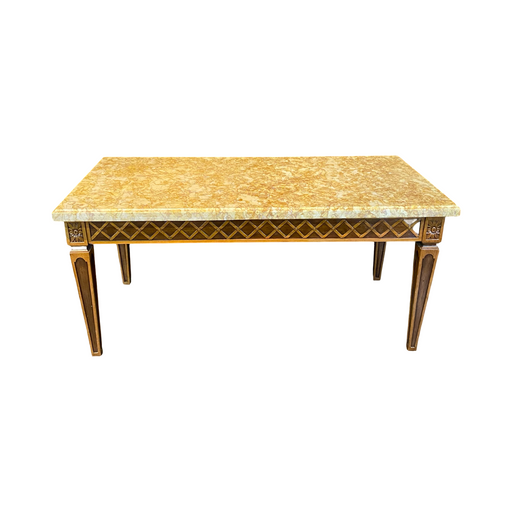 French Louis XVI Style Coffee Table with Marble Top and Geometric Lattice Motif Carving