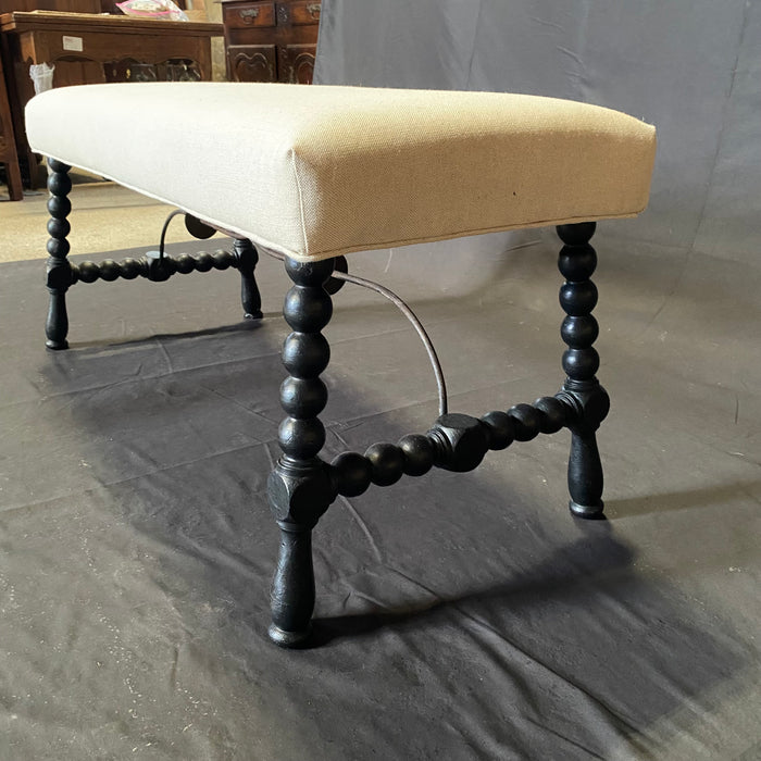 Antique Ebony Barley Twist Bench or Ottoman with Wrought Iron Stretchers from Spain