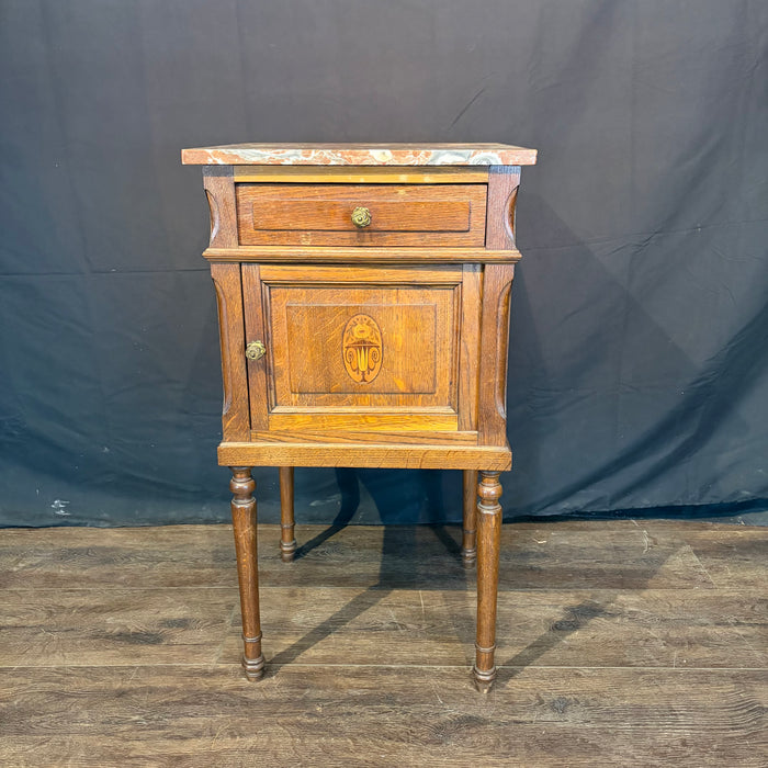 Pair of French Louis XVI Revival Oak Marble Top Nightstands with Floral Marquetry