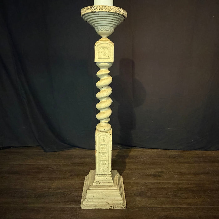 Pair of Monumental 19th Century French Carved Architectural Wood Church Altar Candlesticks with Barley Twist Columns, Almost 4 Feet Tall