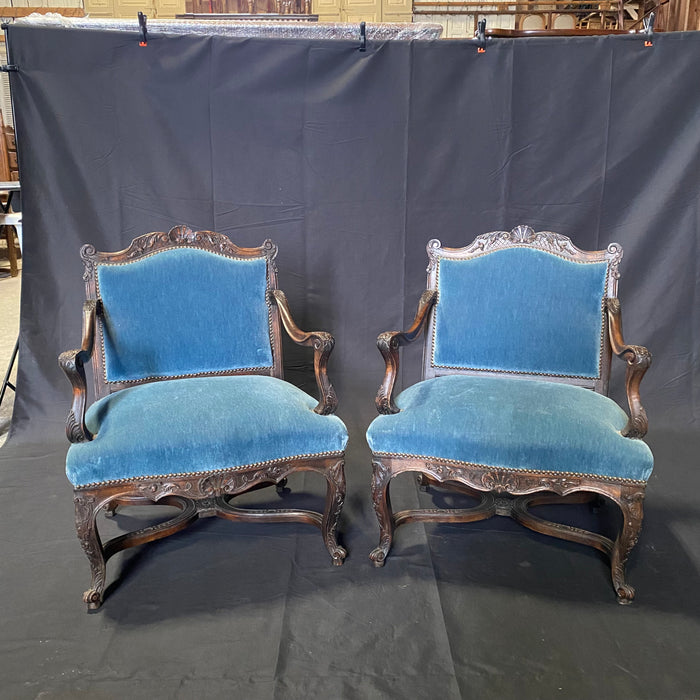 Pair of 19th Century French Louis XV Chairs with Original Blue Mohair Upholstery Armchairs or Fauteuils