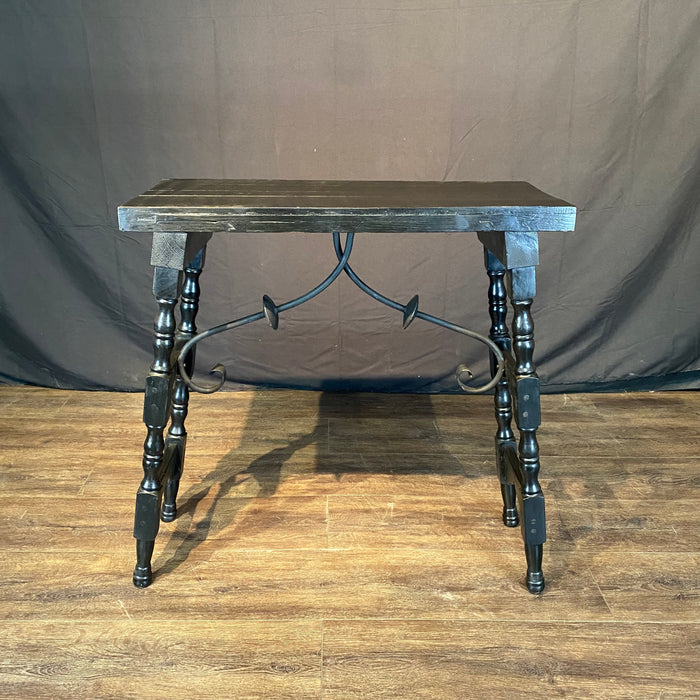 Antique Ebony Spanish Console Table with Curved Wrought Iron Stretchers