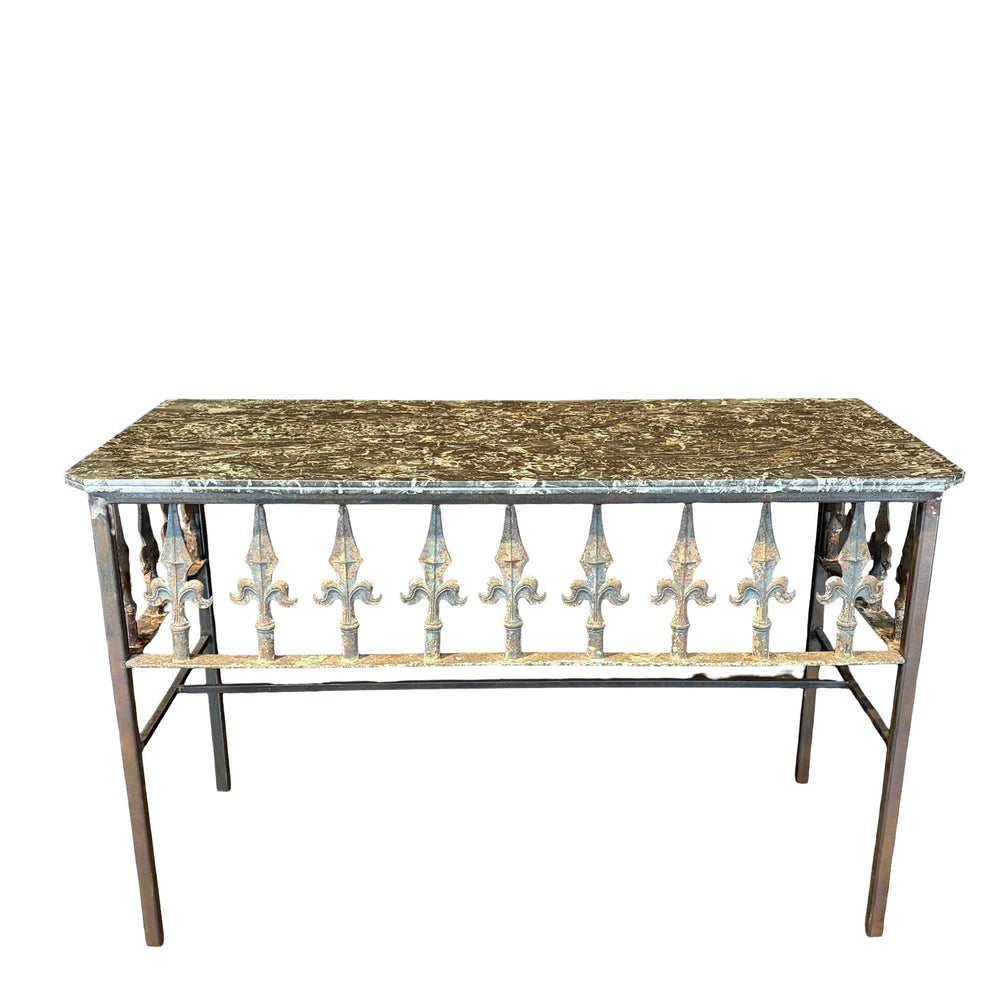 Antique French Wrought Iron Console Table with Marble Top | Balcony Railing Console Large