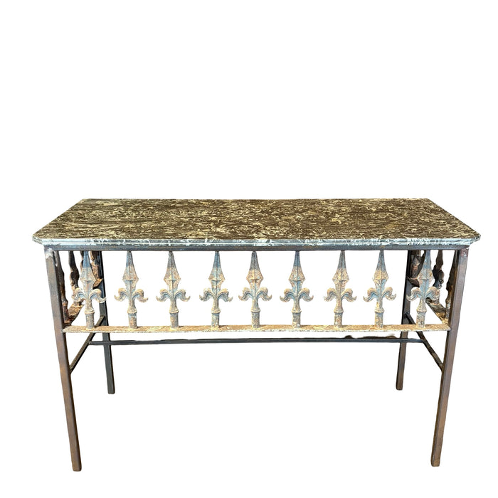 Antique French Wrought Iron Console Table with Marble Top | Balcony Railing Console Large