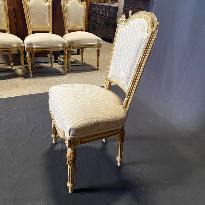 Set of 6 French 19th Century Salon Chairs, Side Chairs or Dining Chairs with Original Gilt and White Paint and New Upholstery