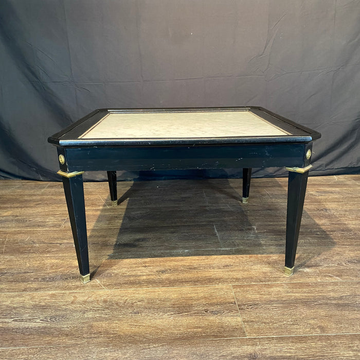 French Neoclassical Carrera Marble Top Ebony Black Coffee Table