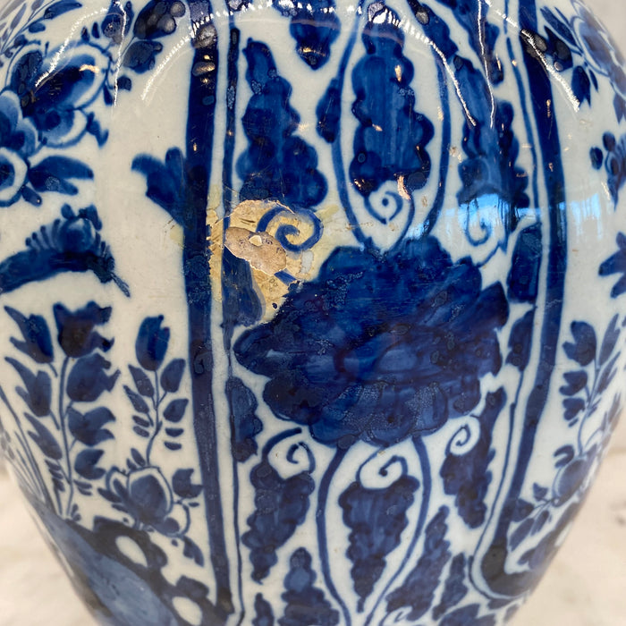 Late 18th Century Dutch Delft Blue and White Hand-Painted Baluster Vase