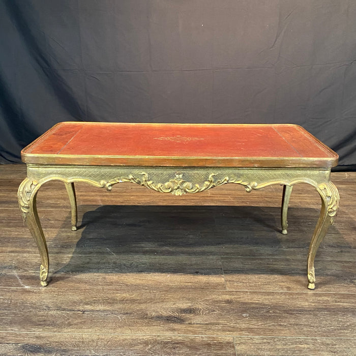 French Louis XV Coffee Table Gold Gilt Paint Carved with Leather Embossed Top