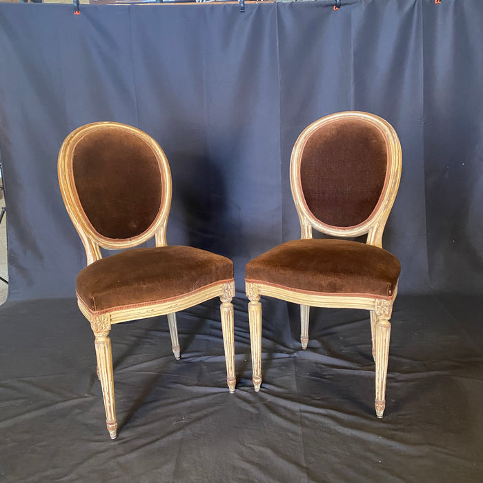 Set of 2 French Louis XVI Oval Back Carved Wood Mohair Upholstered Dining or Side Chairs