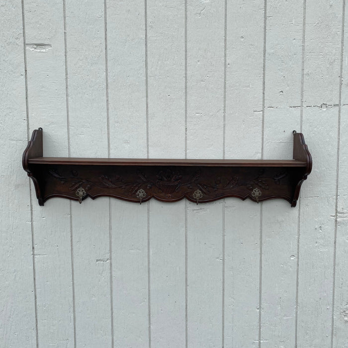 Antique Hand Carved 19th Century Walnut Hat and Coat Rack and Wall Shelf or Bookshelf with Hooks