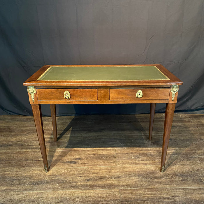 French Antique Embossed Leather Top Desk with Two Drawers and Original Key