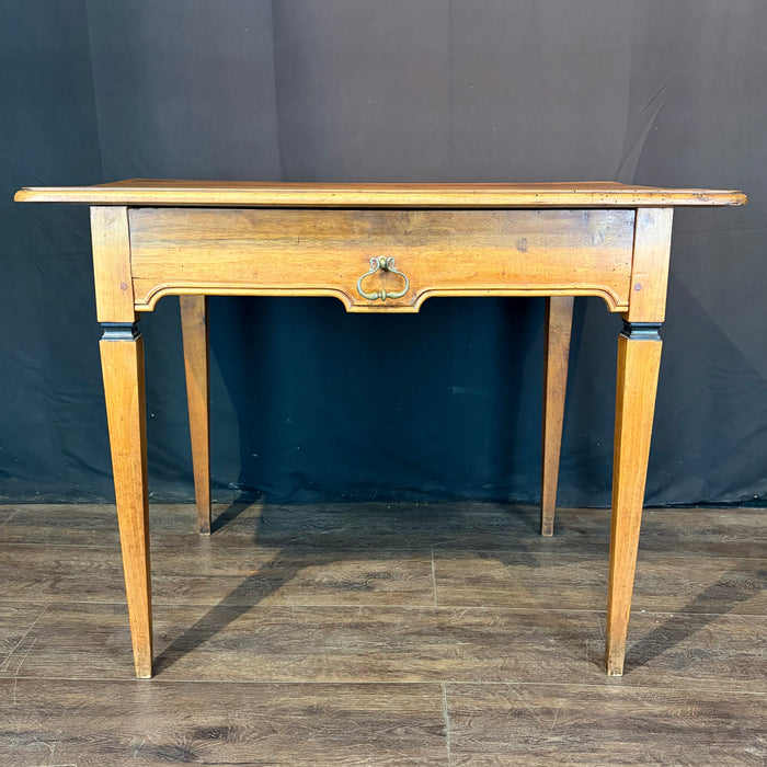 Antique French Neoclassical Fruitwood Side Table or Desk with Drawer and Brass Ring Pull