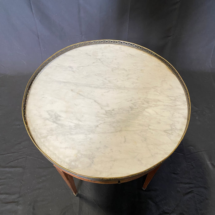 19th Century French Round Carrera Marble Top Side Table, Accent Table or Bouillotte Table with Exquisite Ribbon Marquetry and Bronze Gallery