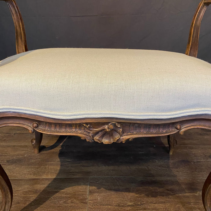 19th Century French Louis XV Carved Walnut Accent Bench, Vanity Seat or Ottoman with New Upholstery