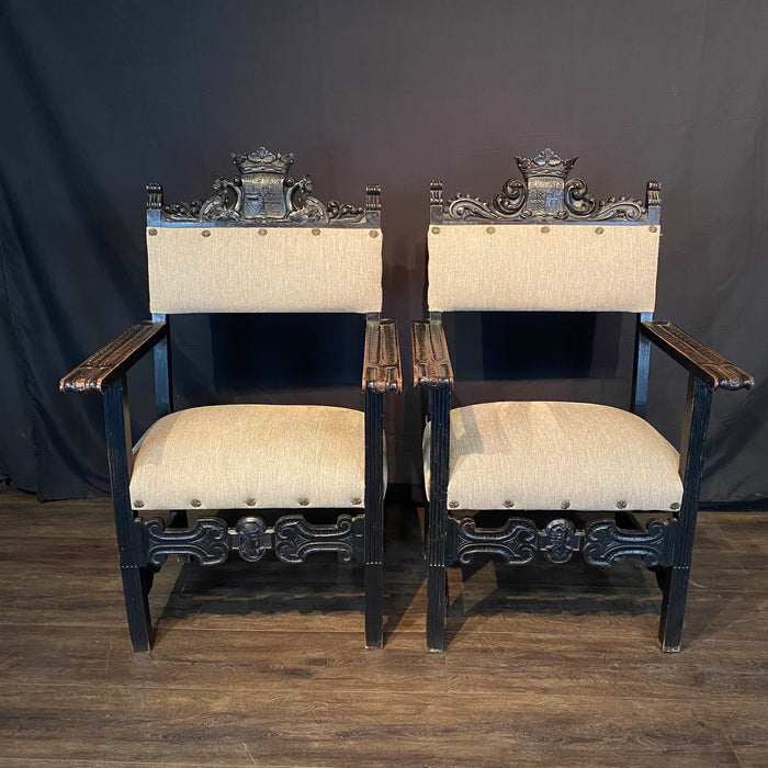 Pair 18th Century British Baroque or Renaissance Revival Armchairs or Fauteuils