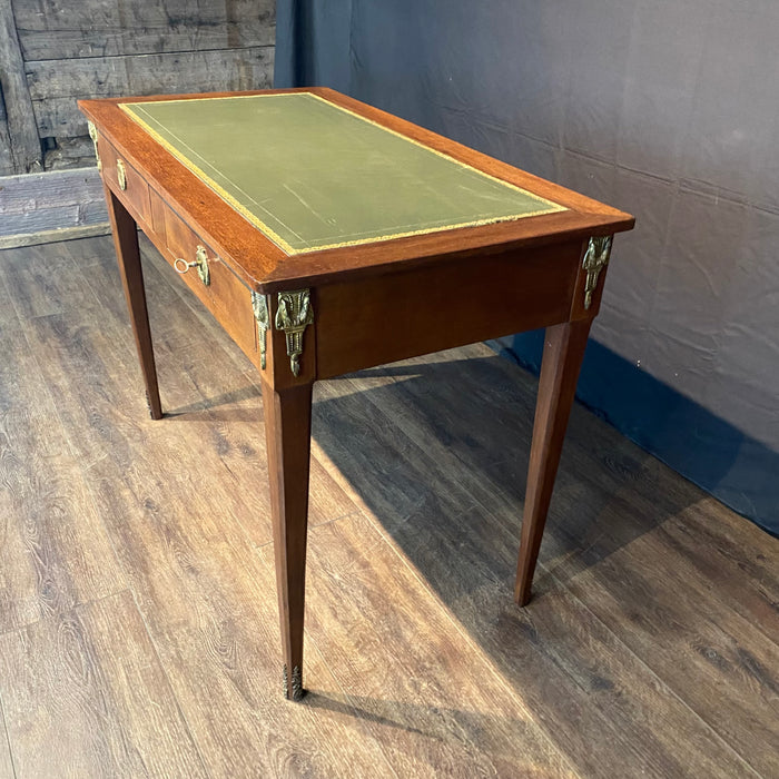French Antique Embossed Leather Top Desk with Two Drawers and Original Key
