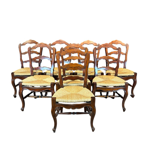 Set of Eight French Louis XV-Style Walnut Dining Chairs with Rush Seats