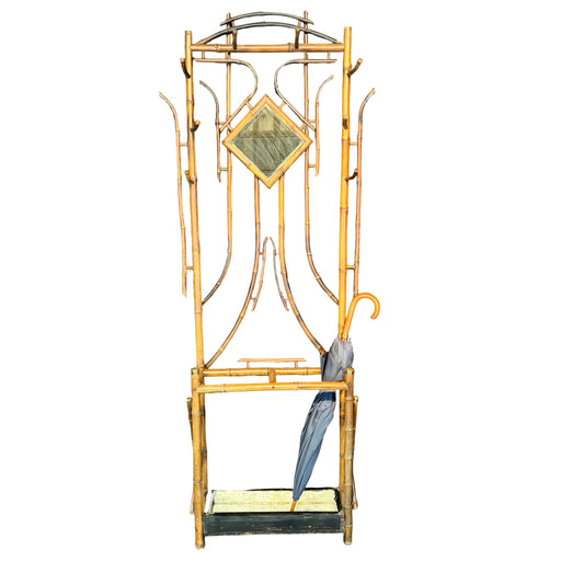 Antique Burnt Bamboo Hall Tree Coat Rack Umbrella Stand and Hat Rack with Mirror
