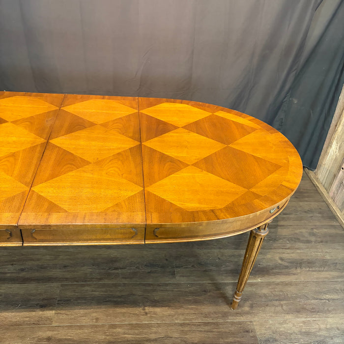Midcentury French Louis XVI Style Walnut Parquetry Oval Extension Dining Table with Two Leaves