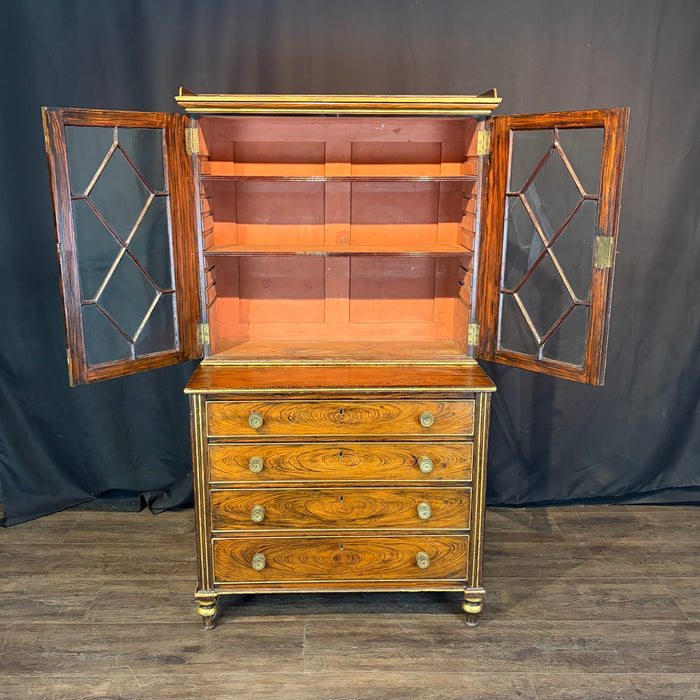 Early 19th Century English Regency Faux Rosewood Secretary Bookcase with Writing Drawer