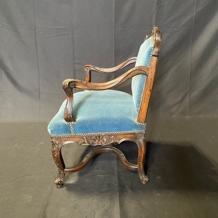 Pair of 19th Century French Louis XV Chairs with Original Blue Mohair Upholstery Armchairs or Fauteuils