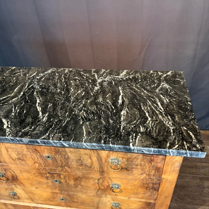 19th Century French Burled Wood Commode, Dresser or Chest of Drawers with Marble Top and Lion Pulls